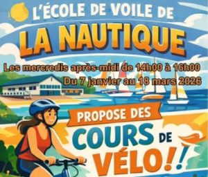 L'école de voile de La Nautique propose des cours de vélo ! Les mercredis après-midi de 14h00 à 16h00, du 7 janvier au 18 mars 2026